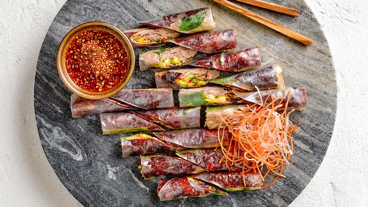 Roasted Duck Rice Paper Roll with Tamarind Honey Dressing
