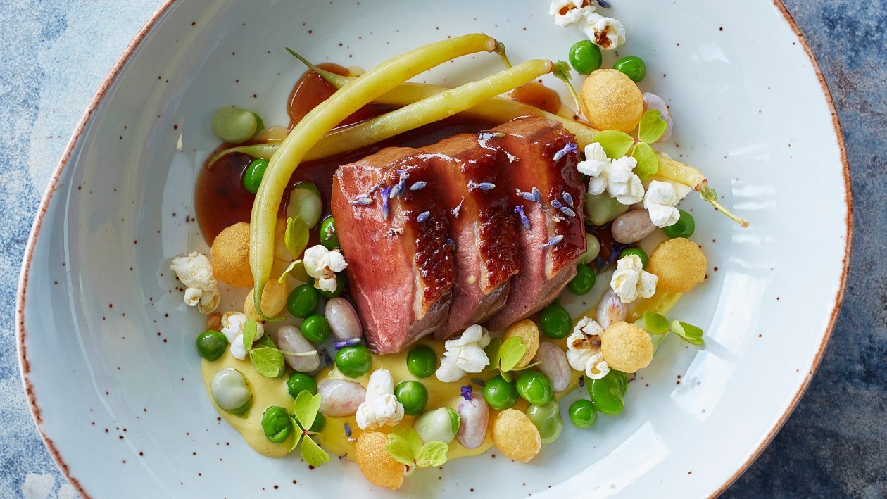 Glazed Duck with Honey, Lavender and Corn Cream