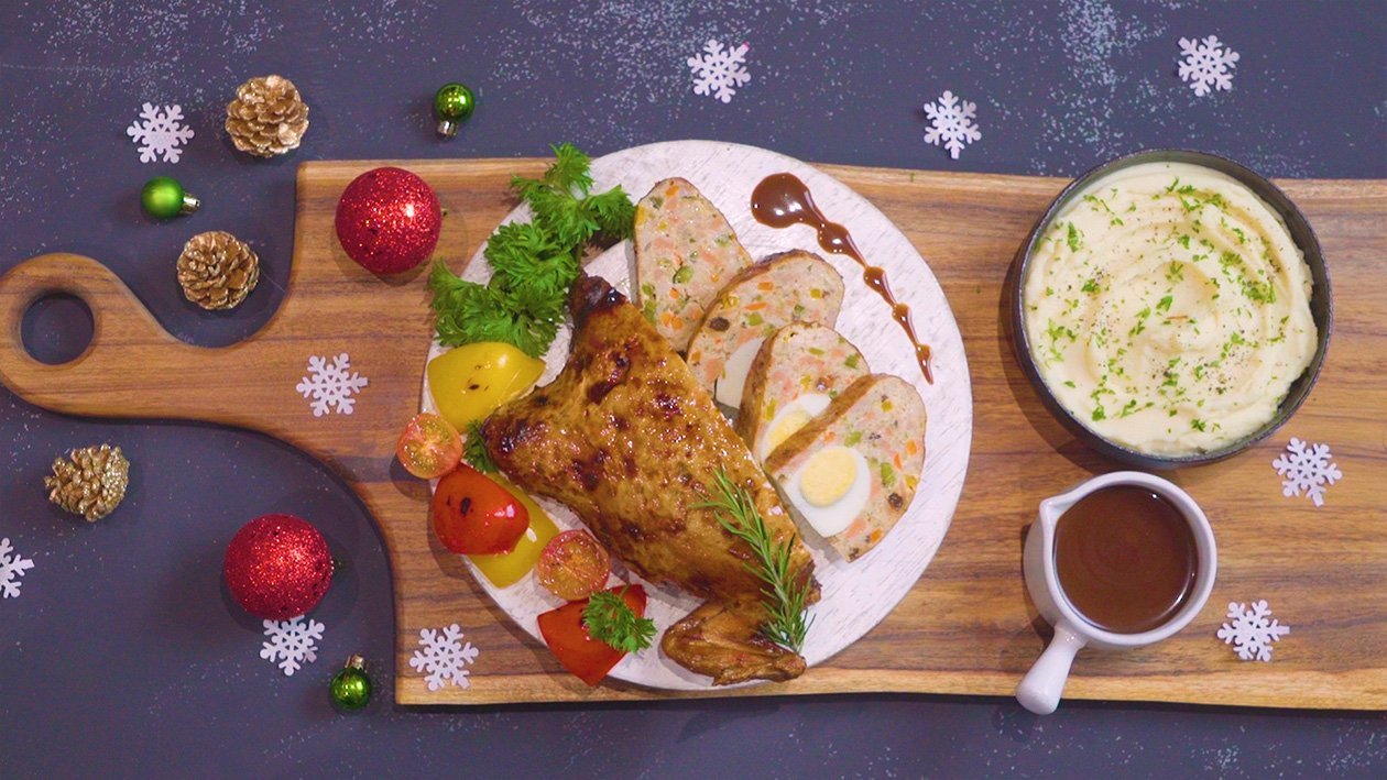 Chicken Galantina with Brown Sauce and Mashed Potatoes