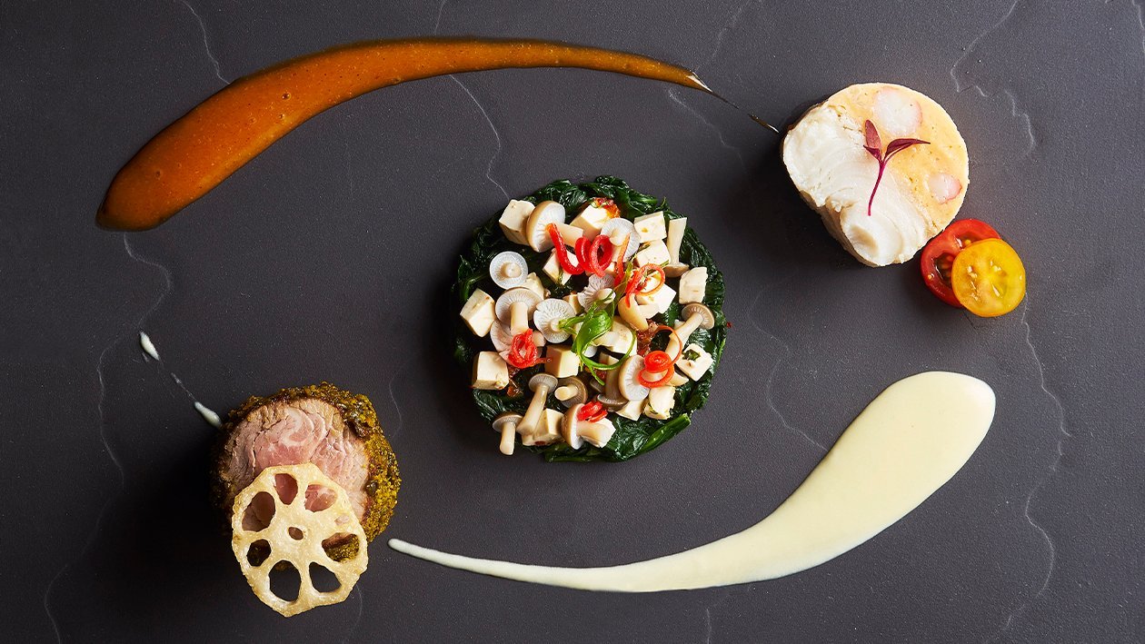 Slow-Cooked Halibut and Lobster Mousse and Thai-Style Roasted Australian Fillet Mignon with Tom Yam Emulsion