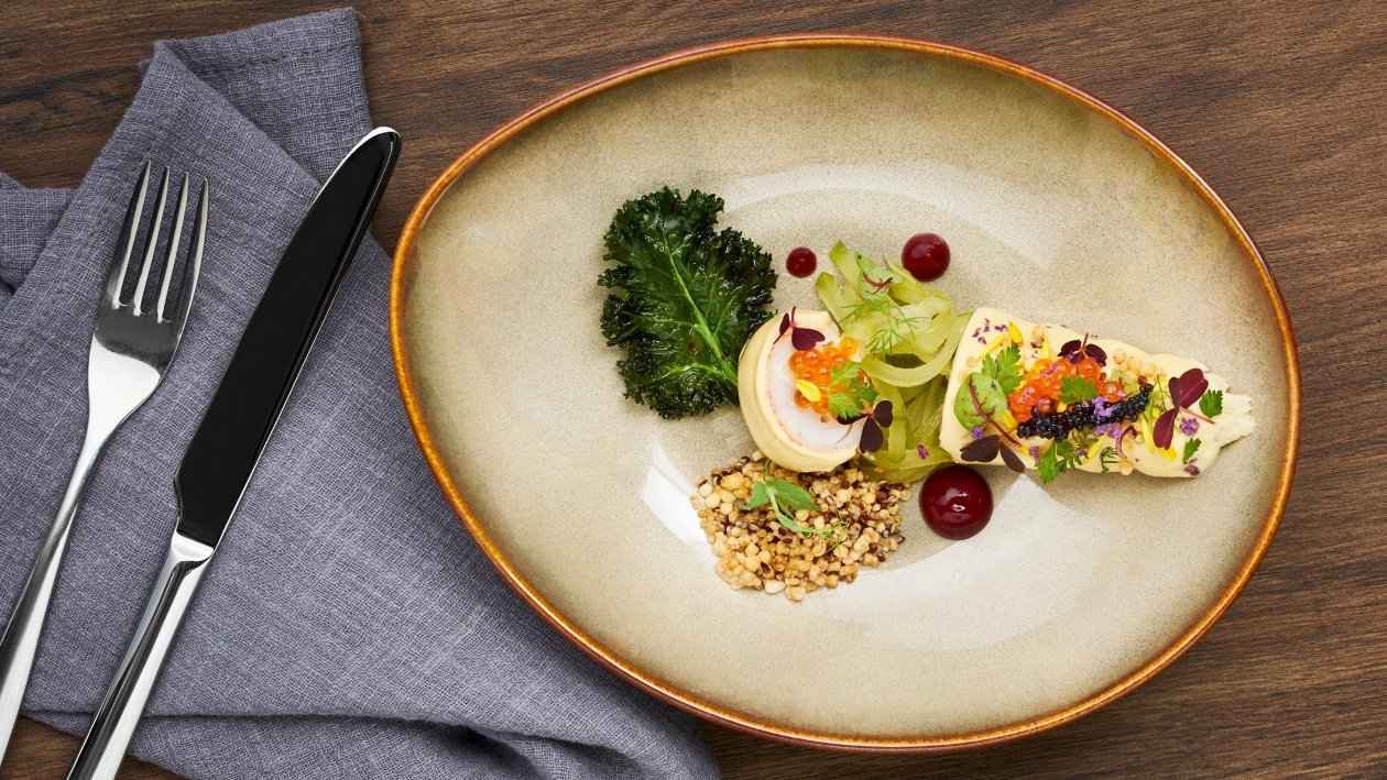 Lobster Coated with Salted Egg Jelly, Trout Roe, Pickled Apple and Celery and Puffed Quinoa