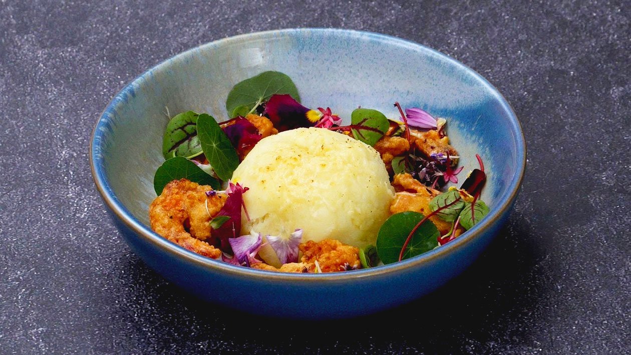 Mashed Potato Dome with Hot Laksa Lava and Salted Egg Prawn